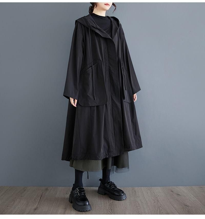 Plain Hood Midi Zip Cargo Trench Coat Product Image