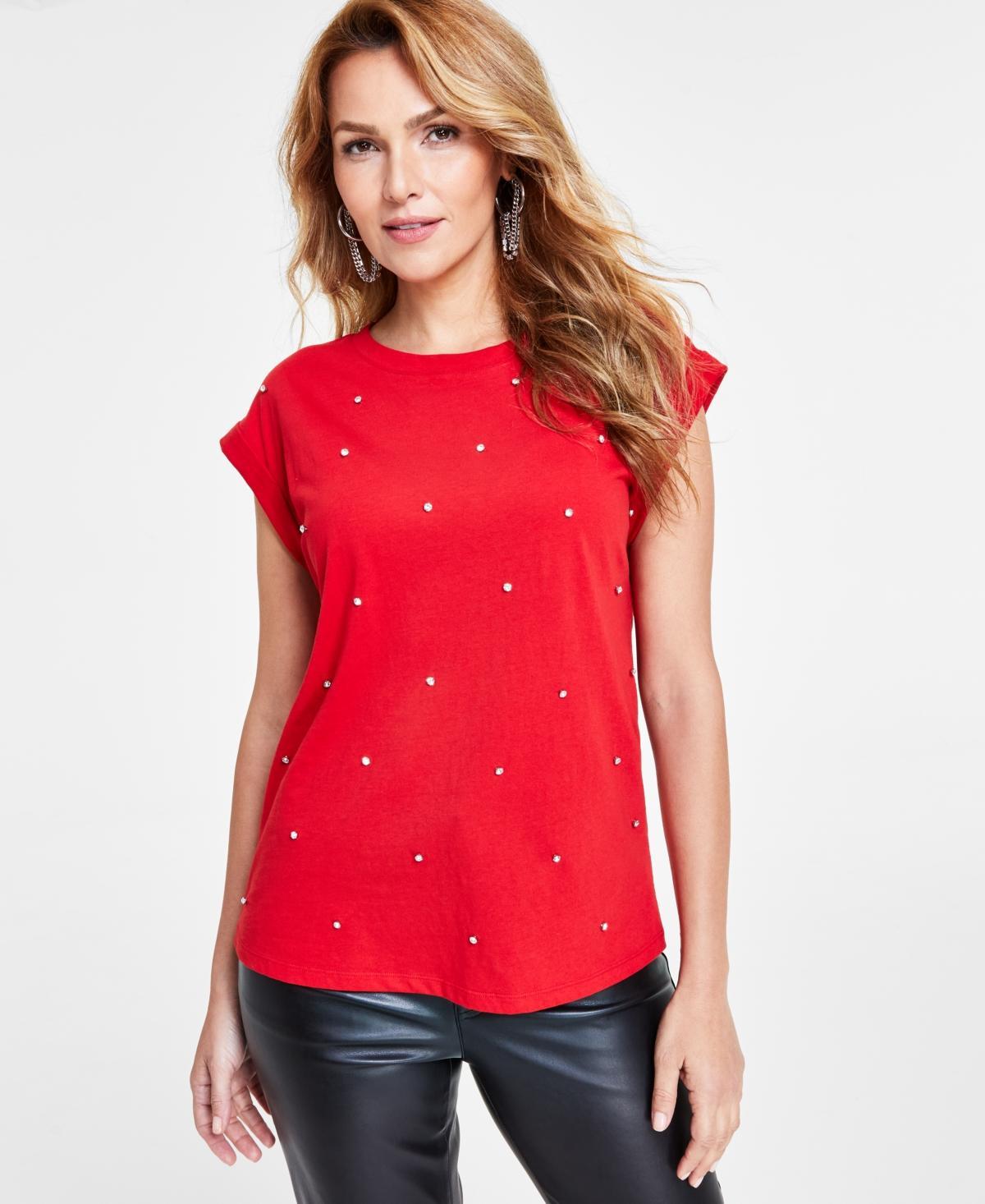 I.n.c. International Concepts Womens Embellished Rolled-Sleeve Top, Created for Macys Product Image