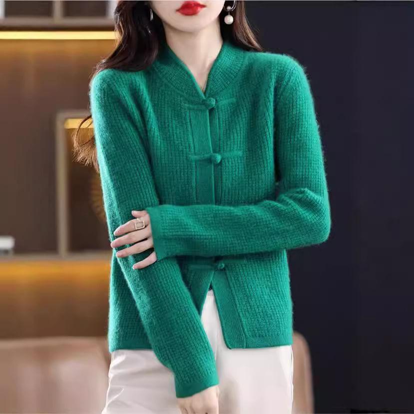 Crew Neck Plain Waffle Knot Button Cardigan Product Image