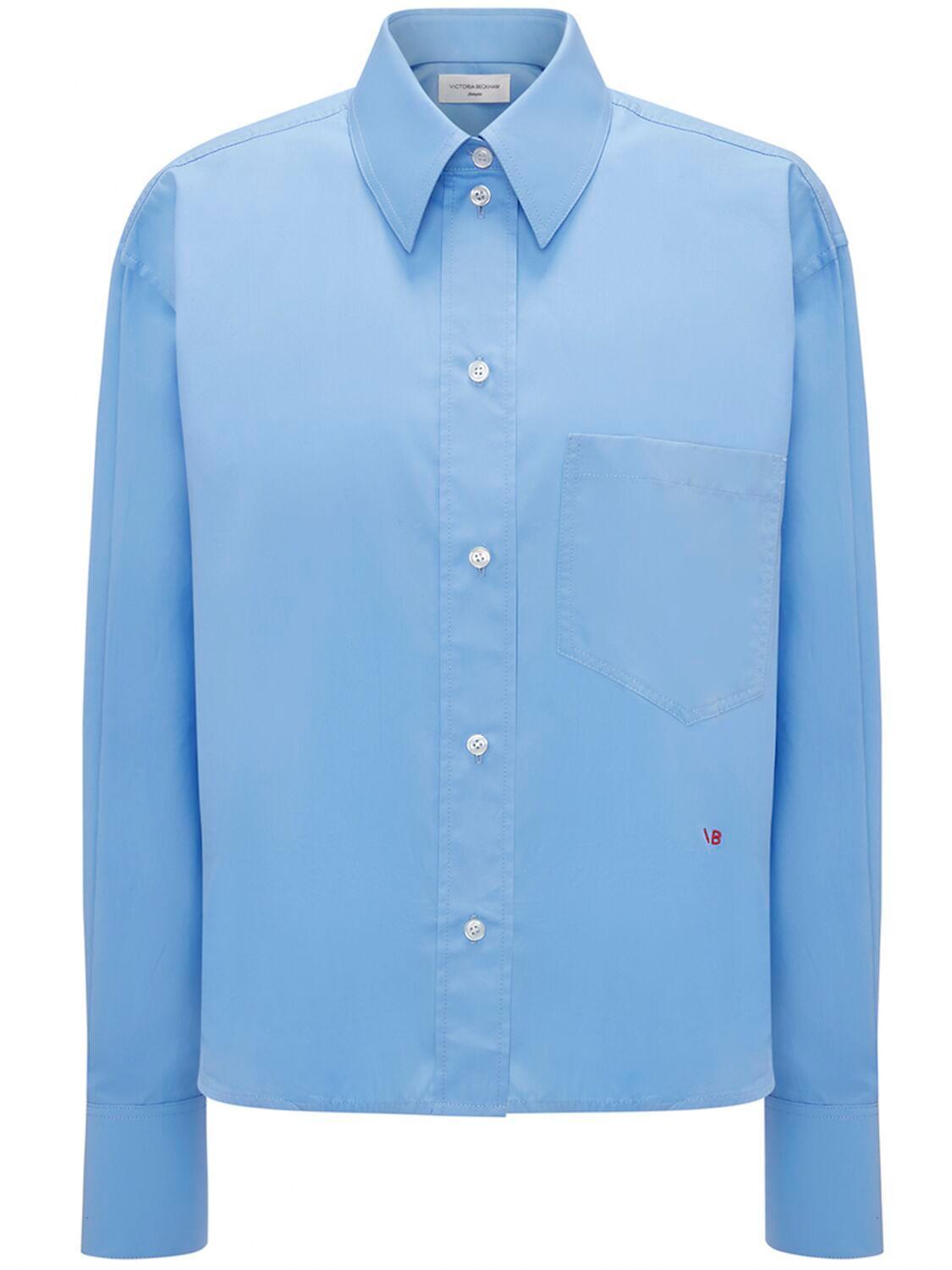 Cropped Long Sleeve Cotton Poplin Shirt In Blue Product Image