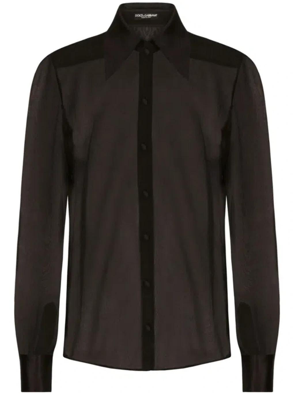 Floral Appliqué Silk Shirt With Mesh Panels In Black Product Image