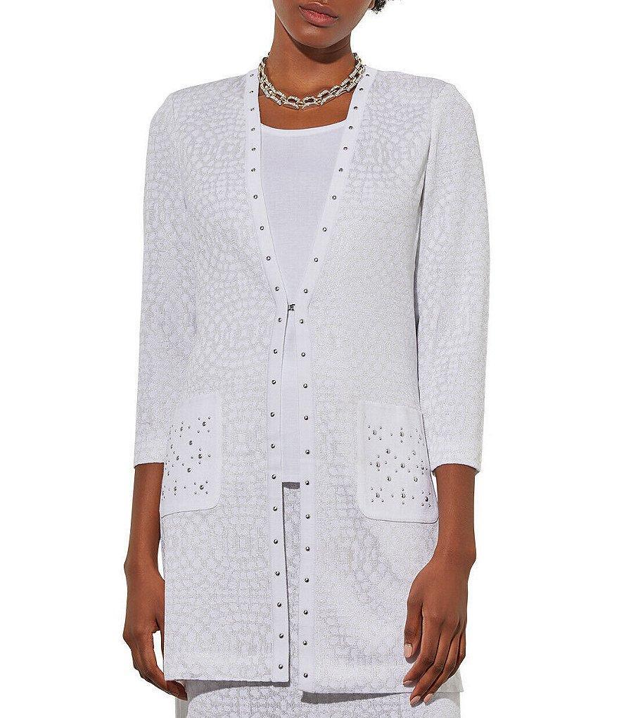 Ming Wang Textured Knit Studded Trim Patch Pocket Open Front 3/4 Sleeve Jacket Product Image