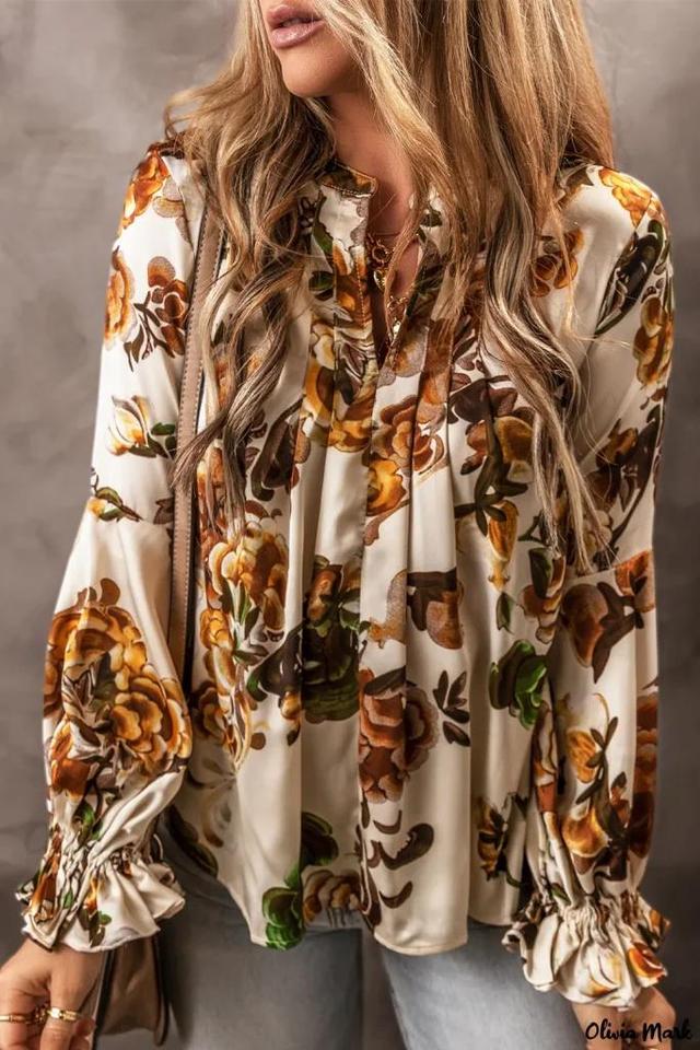 Olivia Mark – Elegant Apricot Floral Blouse with Split Neck and Flounce Sleeves Product Image