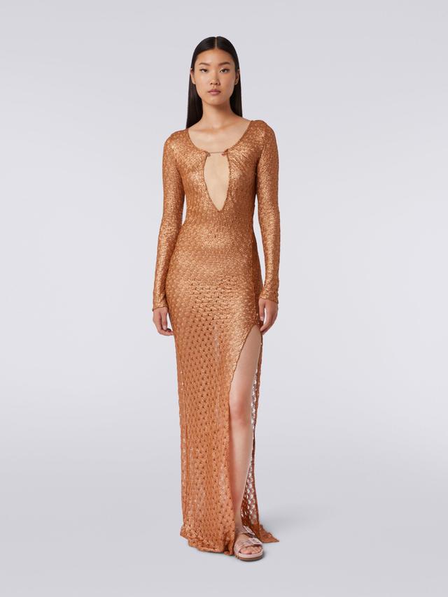 Long lace-effect dress with V neckline and appliqués Product Image