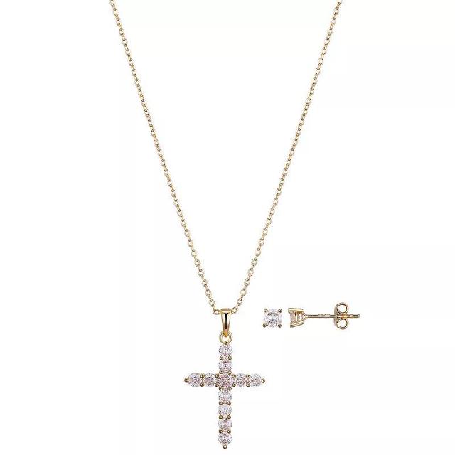 Gratitude & Grace Cubic Zirconia Stud Earrings & Round Stone Cross Pendant Necklace Set, Womens Gold Tone Product Image