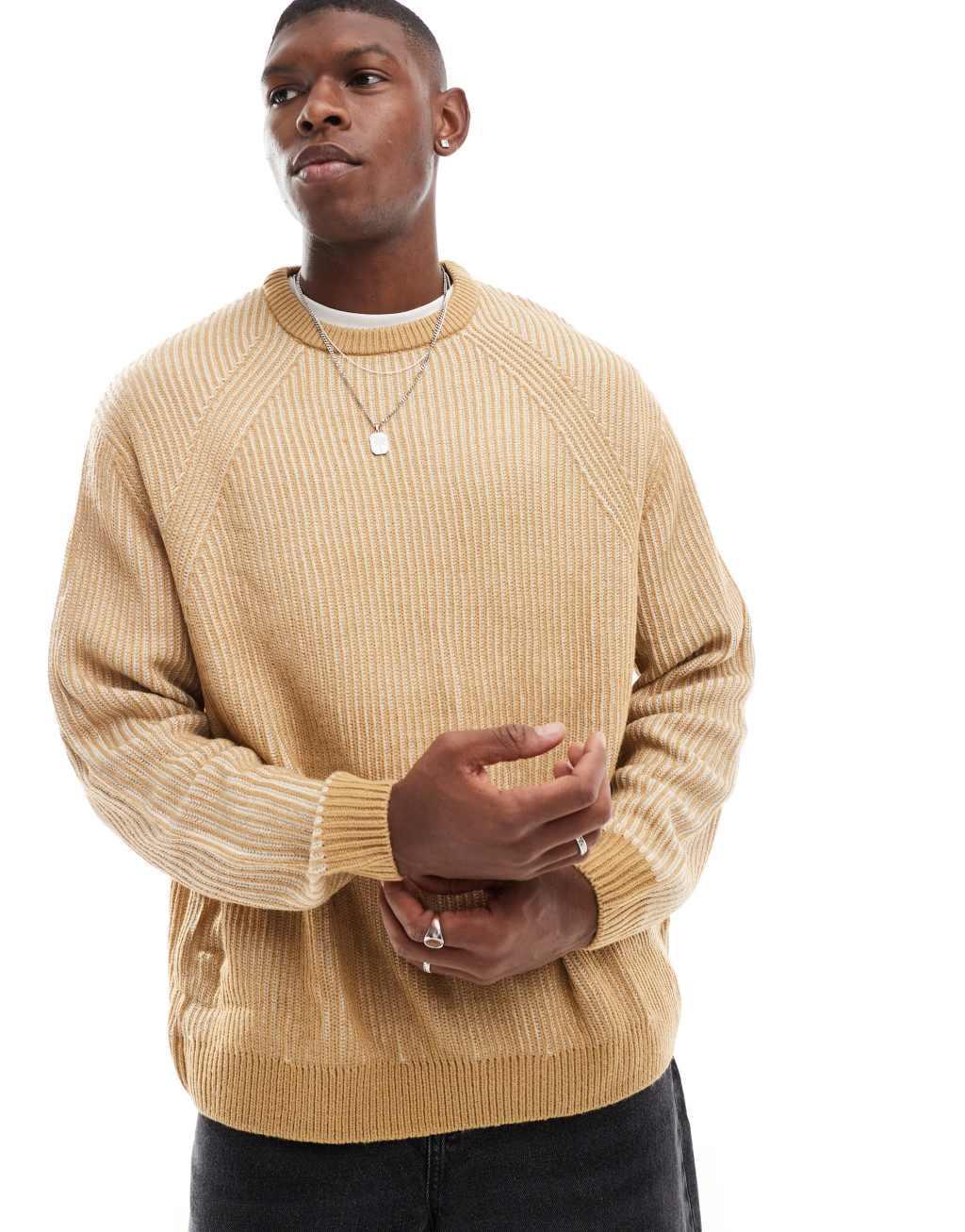 ASOS DESIGN oversized rib knit pleated fisherman sweater in brown product image