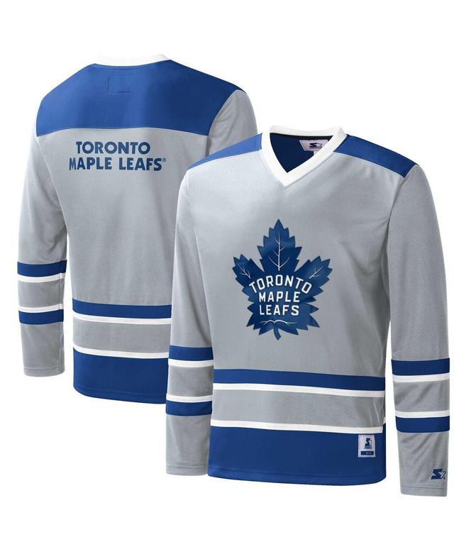 Mens Starter Gray/Blue Toronto Maple Leafs Cross Check Jersey V-Neck Long Sleeve T-Shirt Product Image