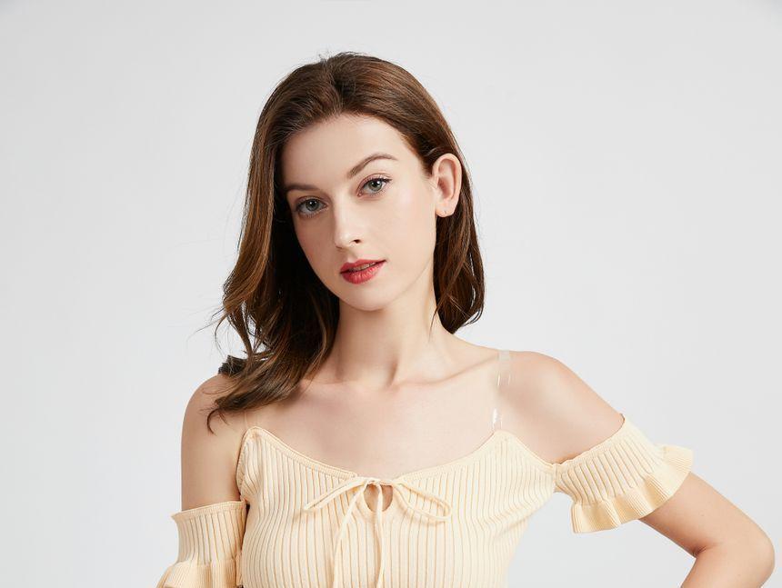 Off Shoulder Ruffled-Trim Tie-Front Cropped Top Product Image