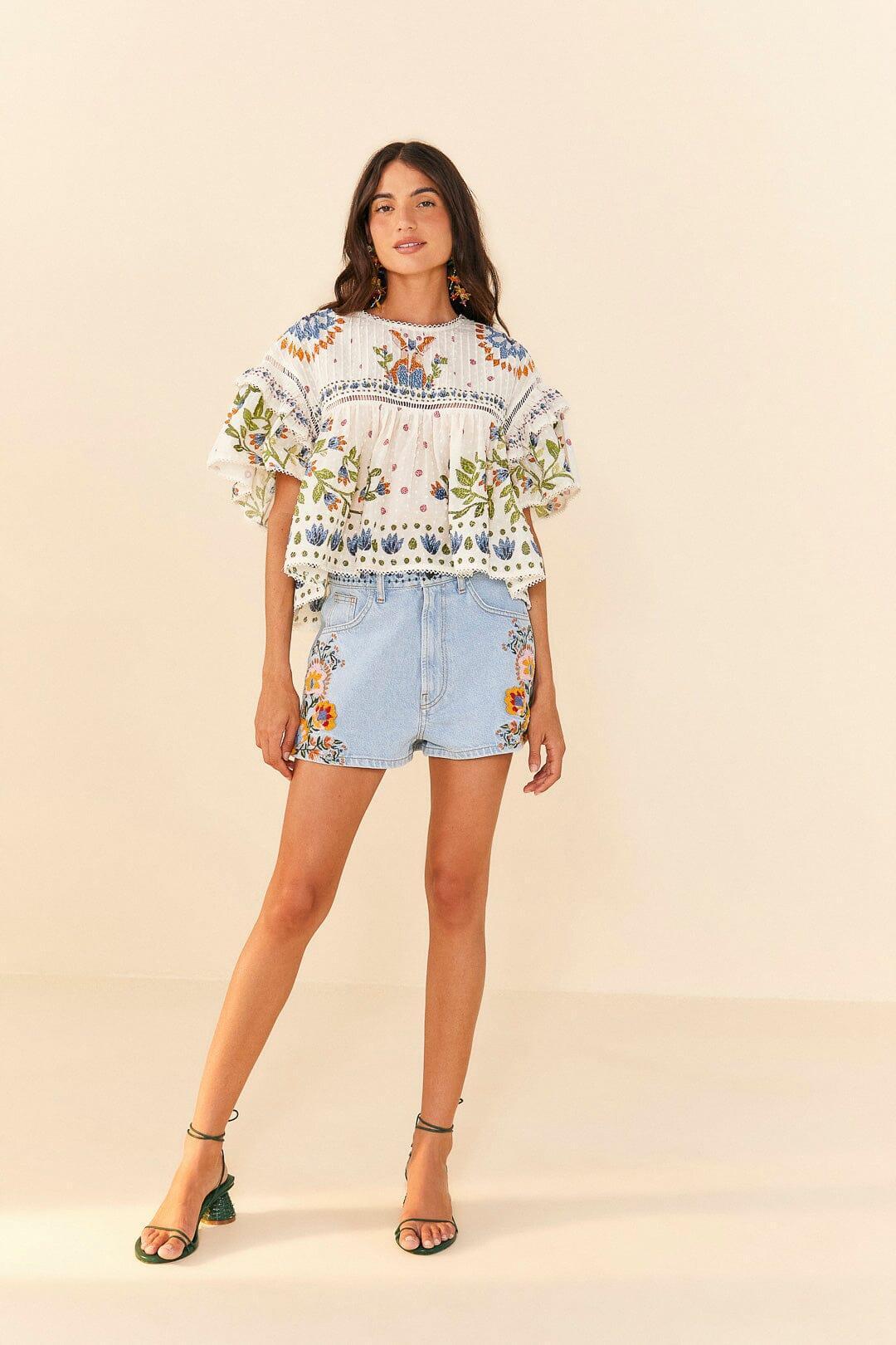 Summer Garden Embroidered Denim Shorts Product Image