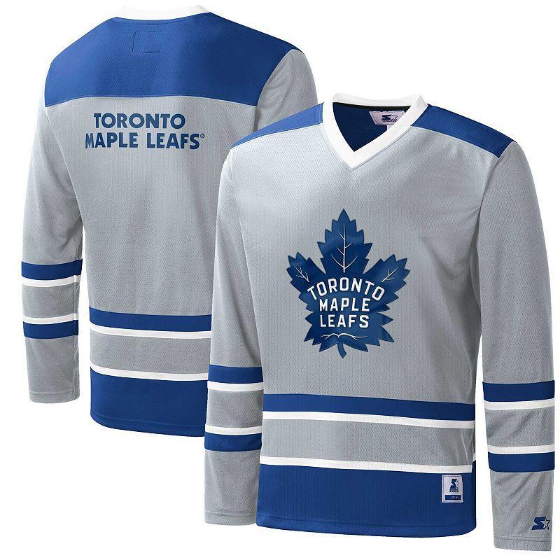 Mens Starter Gray/Blue Toronto Maple Leafs Cross Check Jersey V-Neck Long Sleeve T-Shirt Product Image