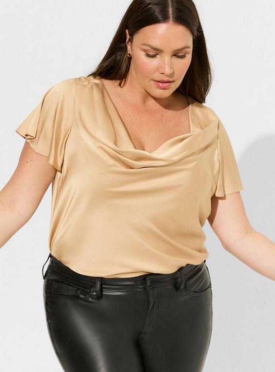 Satin Cowl Neck Short Sleeve Blouse Product Image