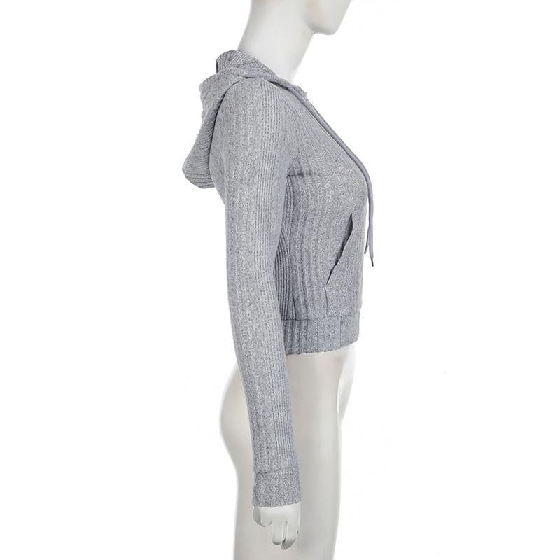 Plain Hooded Ribbed Zip Cardigan Product Image