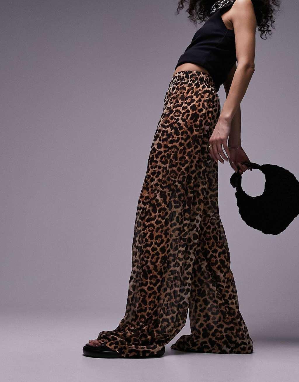 Topshop leopard print sheer crinkle pants in brown Product Image