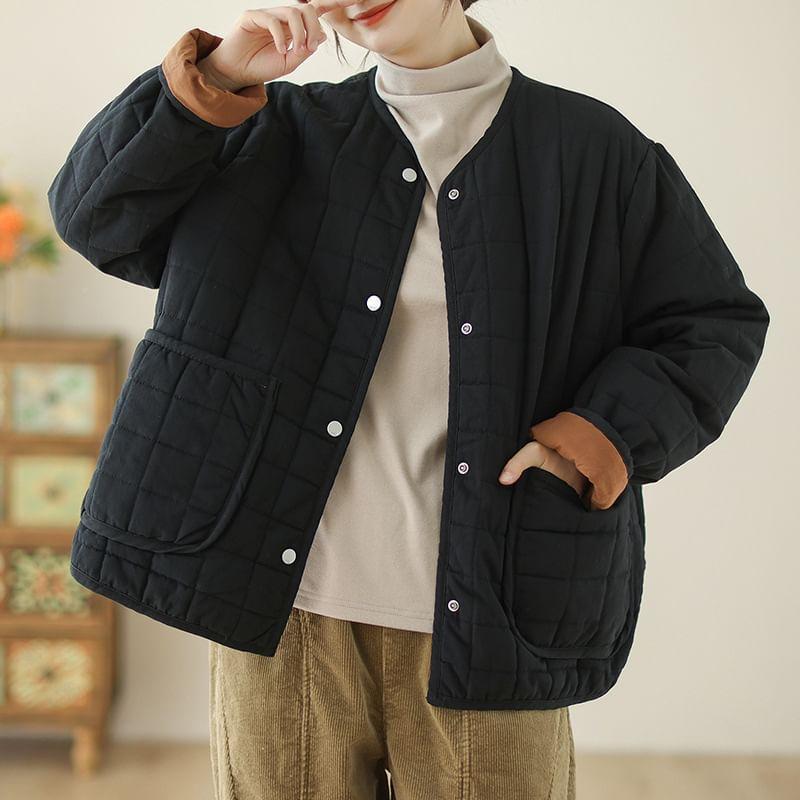 V-Neck Plain Quilted Button Jacket product image