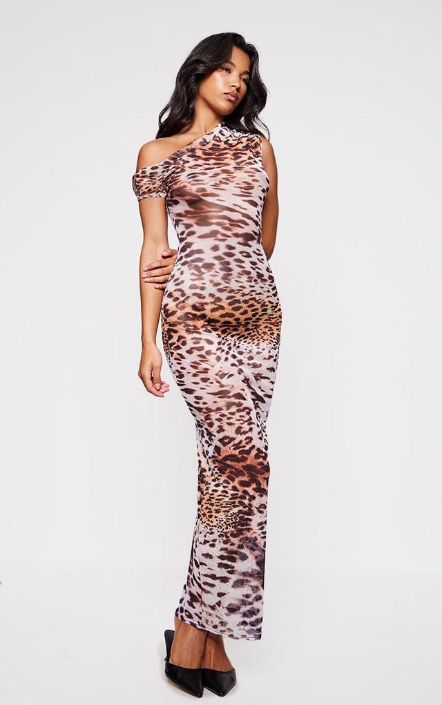 Brown Leopard Printed Mesh Asymmetric Maxi Dress Product Image