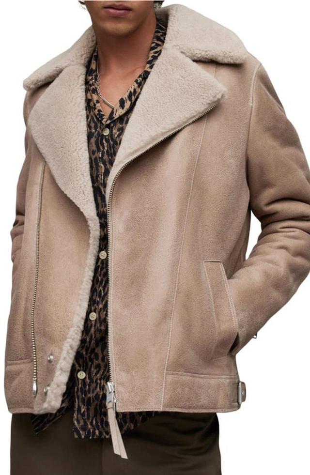 Rasco Relaxed Fit Shearling Biker Jacket In Faded Taupe Product Image