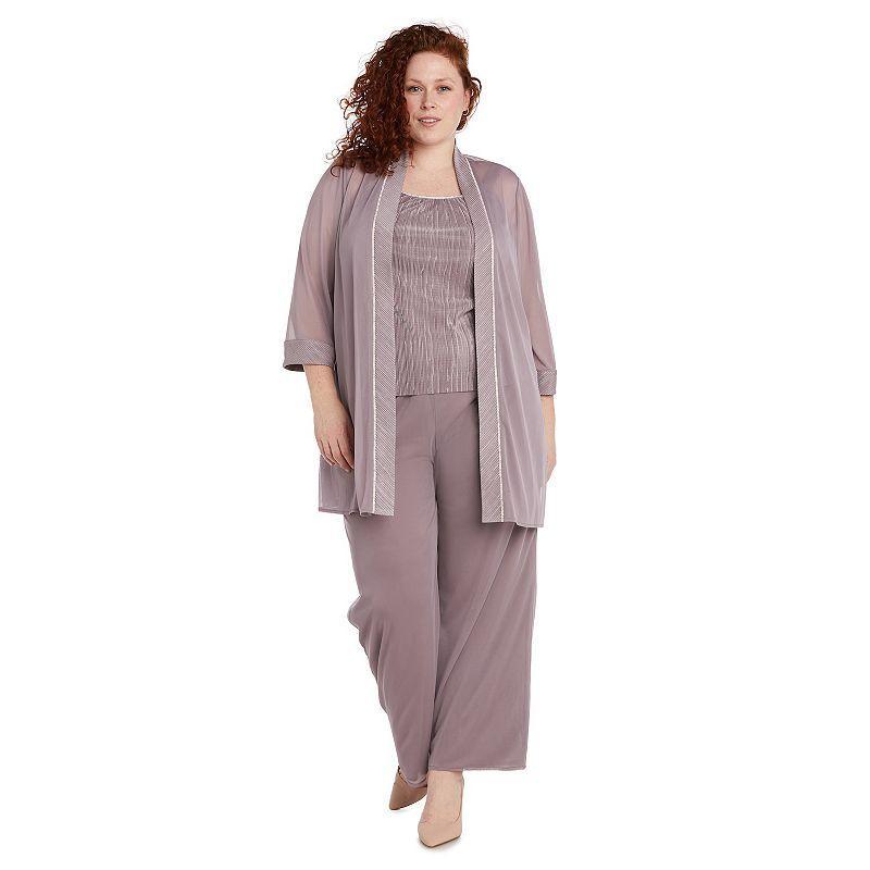 Plus Size R&M Richards 3-piece Glittery Tank Top, Sheer Cardigan & Flowy Pants Set, Womens Pink Product Image