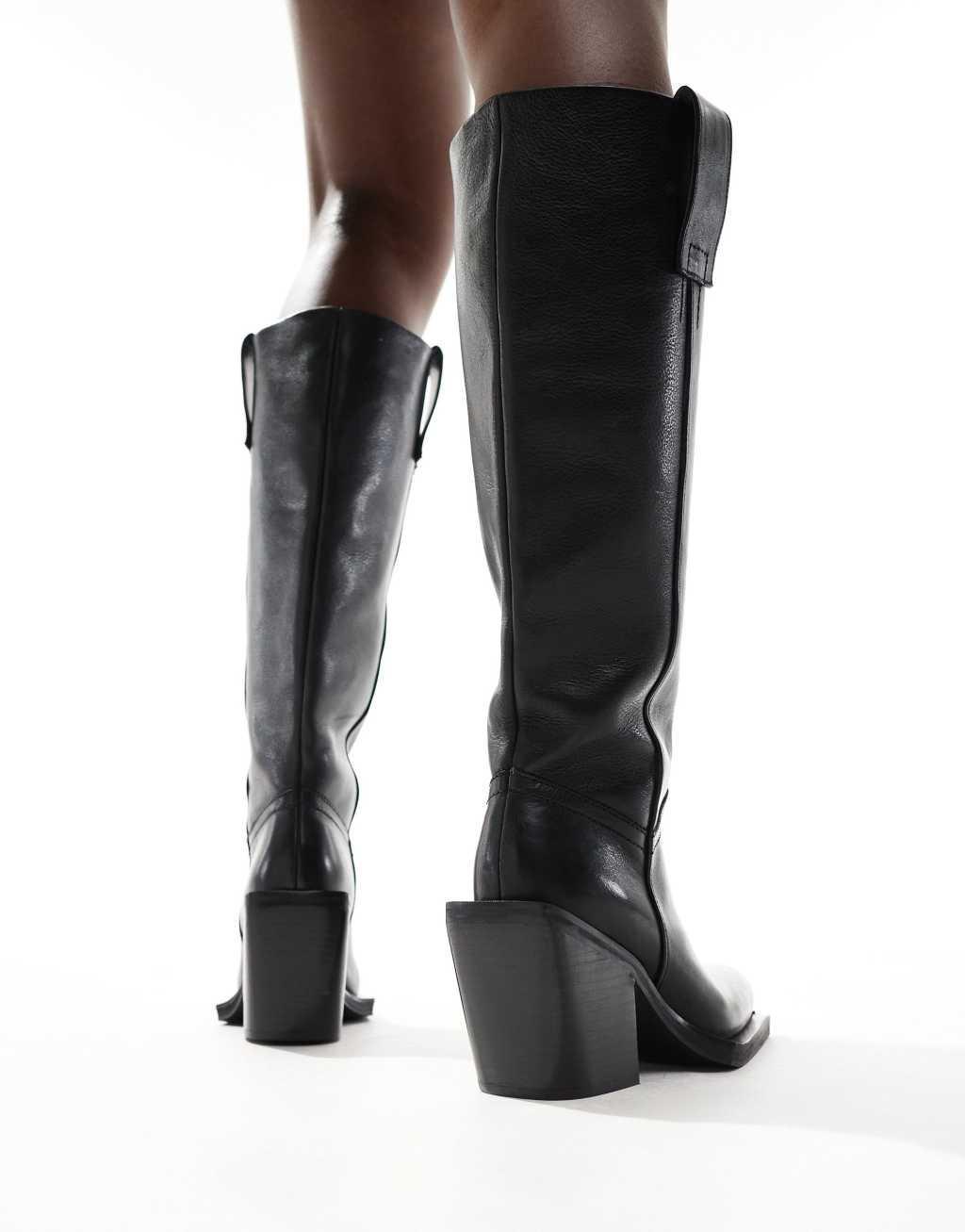 ASOS DESIGN Celia leather western pull on boots in black Product Image