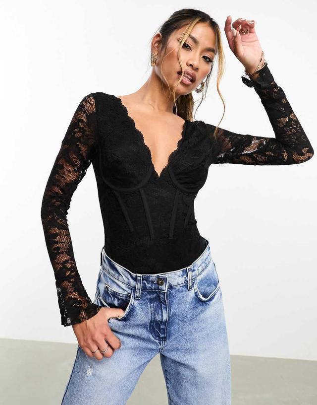 Jaded Rose lace corset bodysuit in black Product Image