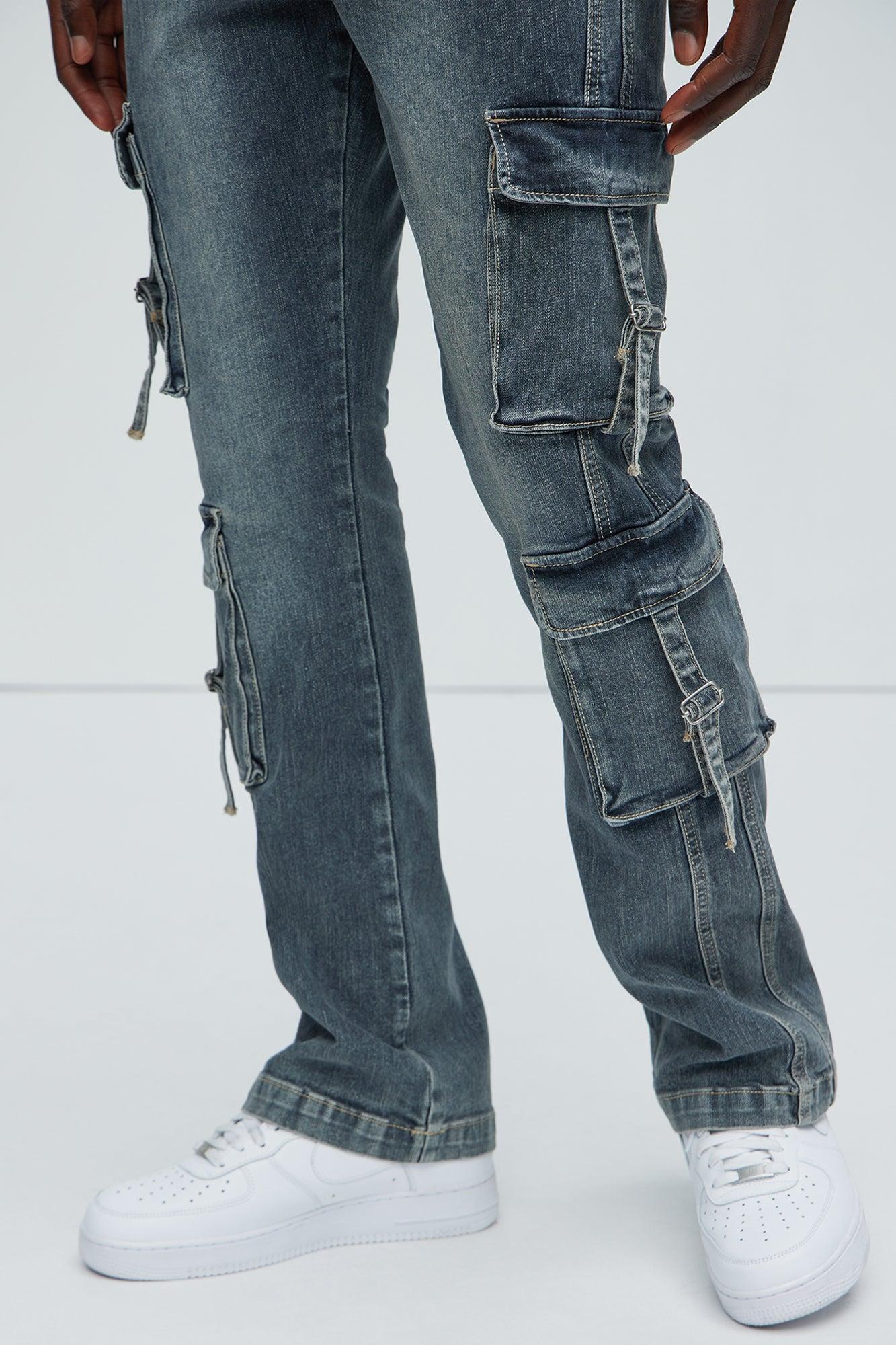 Patrick Stacked Skinny Flare Cargo Jeans - Dark Wash Product Image