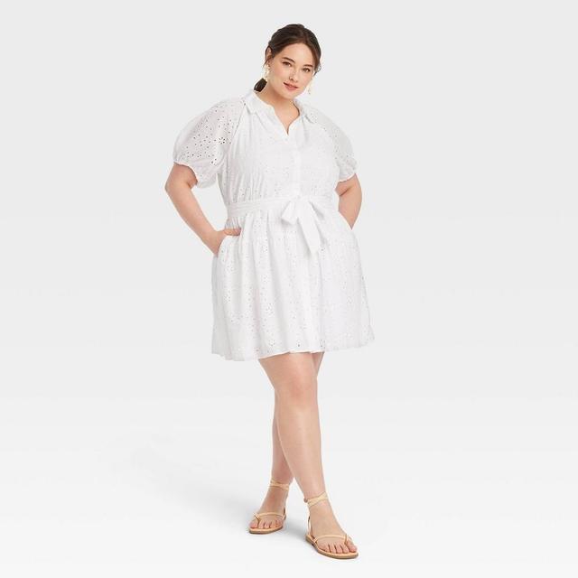 Womens Eyelet Balloon Elbow Sleeve Mini Shirtdress - A New Day White Product Image