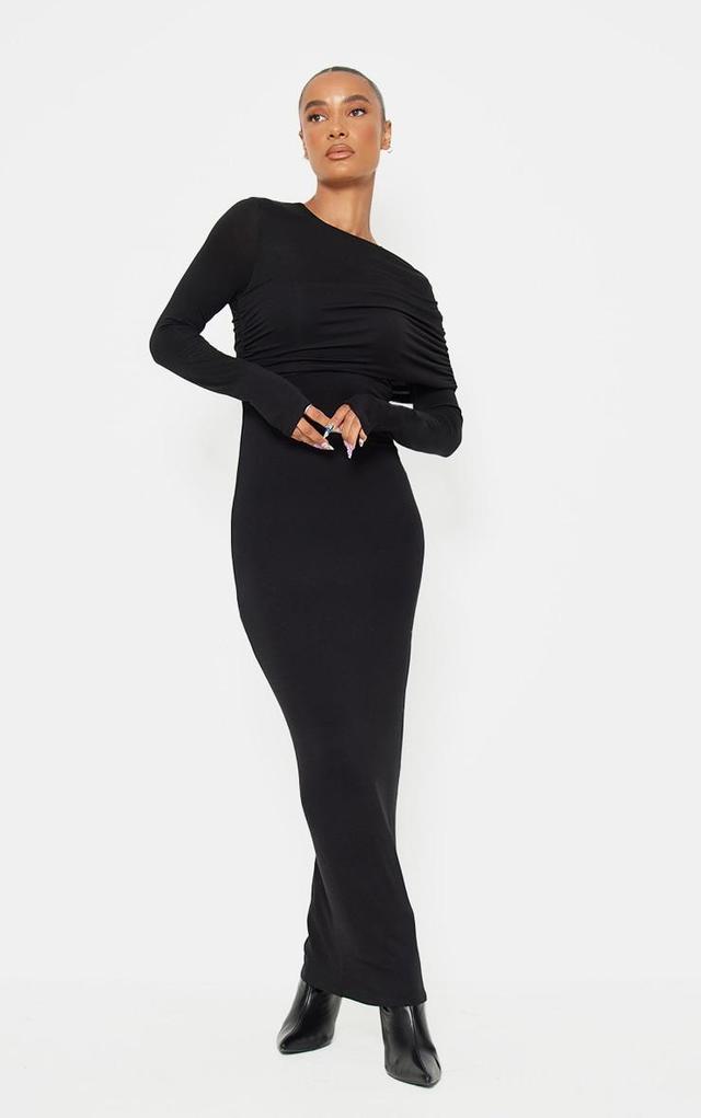 Black Ruched Overlay Long Sleeve Maxi Dress Product Image