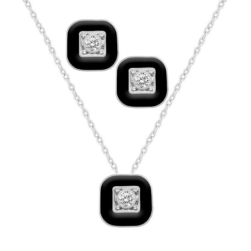 Royal Aura Black Enamel Cushion Pendant & Stud Earring Set, Womens Silver Tone Black Product Image