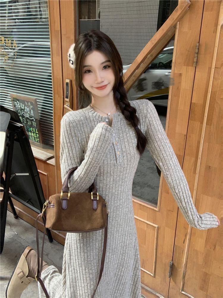 Long-Sleeve Half Buttoned Plain Knit Midi A-Line Dress Product Image