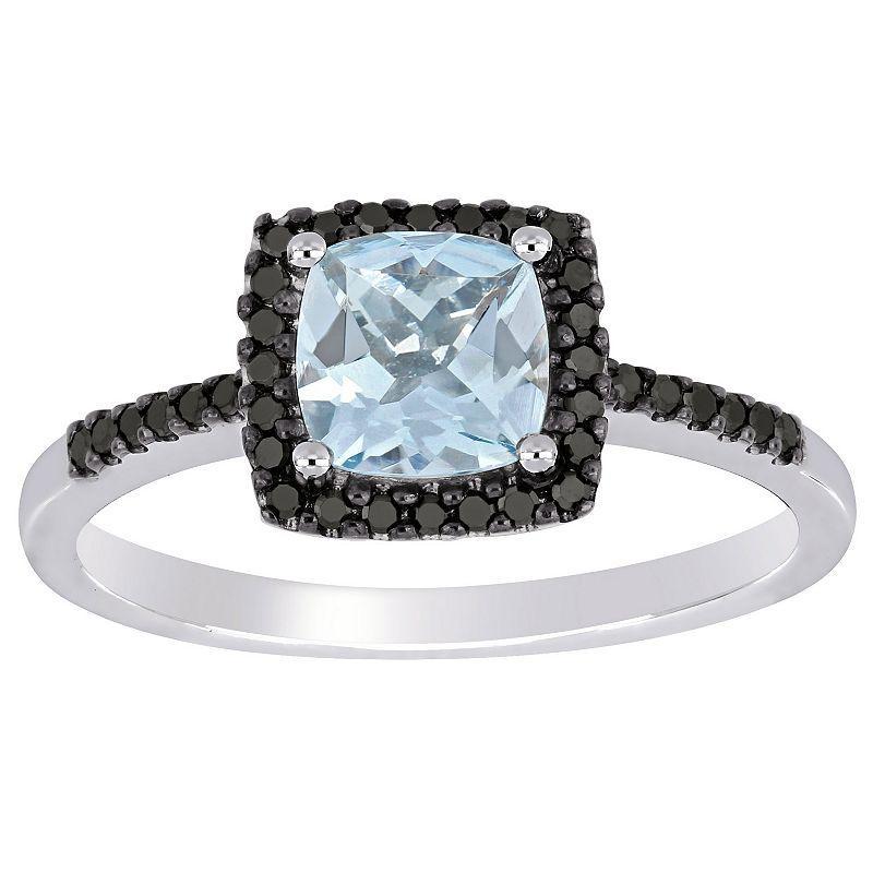 Stella Grace 10k White Gold Aquamarine & 1/7 Carat T.W. Black Diamond Halo Ring, Womens Blue Product Image