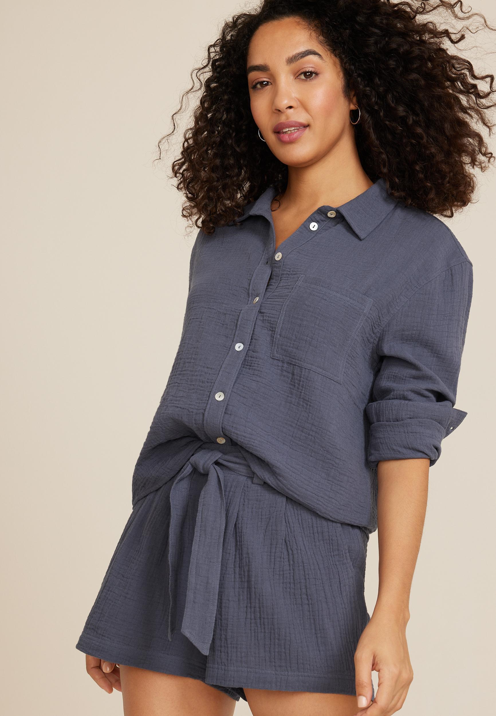 Cropped Double Cloth Relaxed Button Up Shirt Product Image