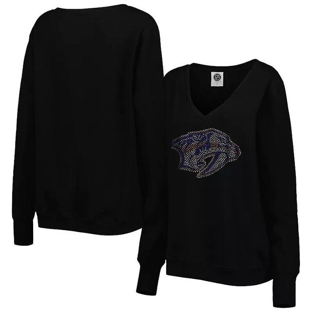 Womens Cuce Black Nashville Predators Rhinestone V-Neck Pullover Sweatshirt Product Image