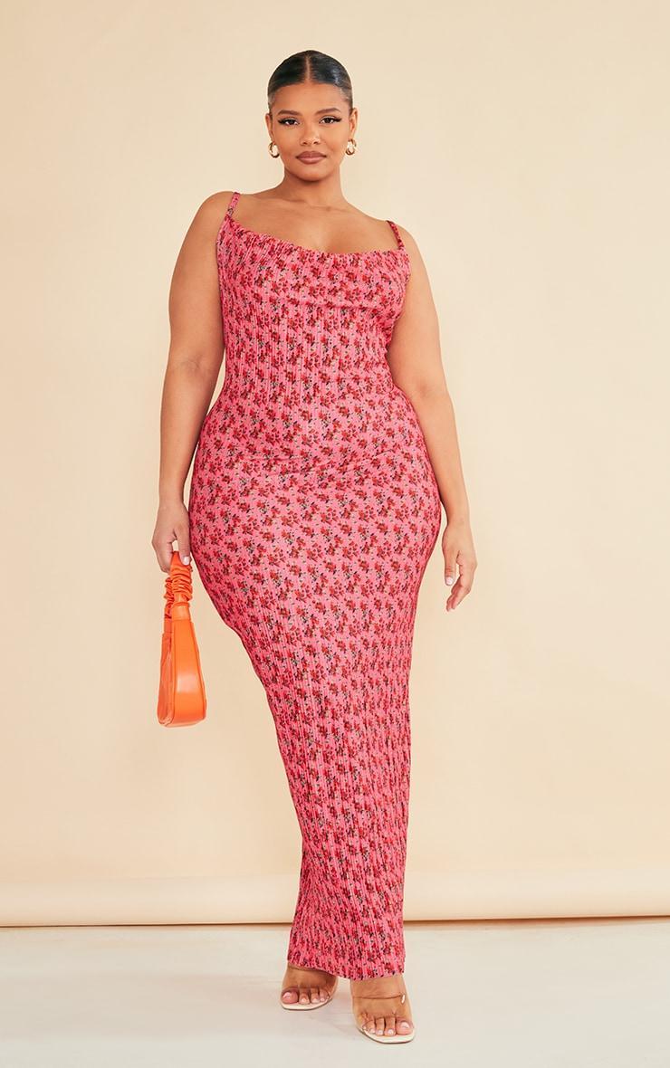 Plus Rose Floral Printed Plisse Cowl Neck Maxi Dress Product Image