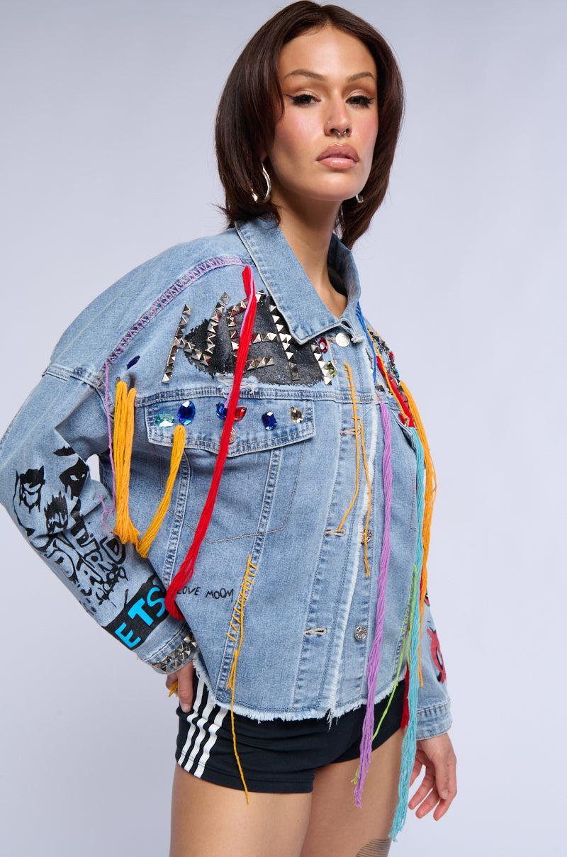 LOST IN THE CITY STUDDED YARN APPLIQUE DENIM JACKET Product Image