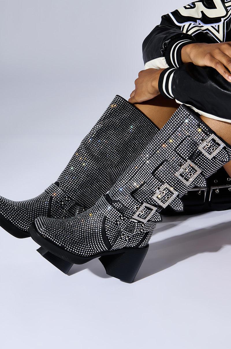 AZALEA WANG BRONSON BLACK RHINESTONE EMBELLISHED BOOT Product Image