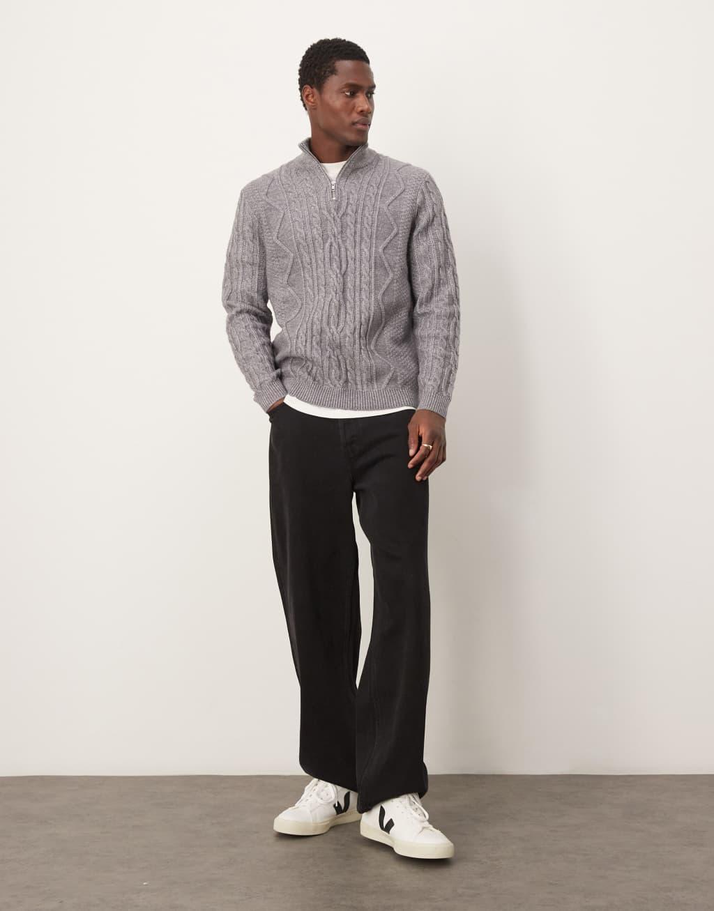 ASOS DESIGN heavyweight cable knit quarter zip sweater in charcoal Product Image