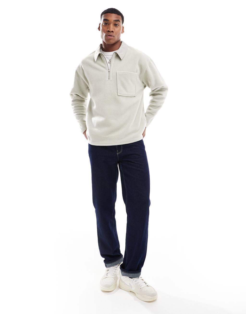 ASOS DESIGN oversized rugby polo fleece sweatshit with half zip in beige Product Image