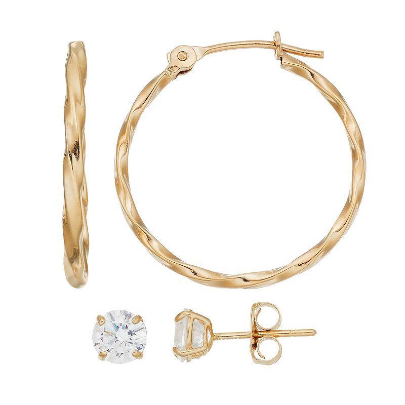 Forever 14K Textured Hoop & Cubic Zirconia Stud Earring Set, Womens, 14k Gold Product Image