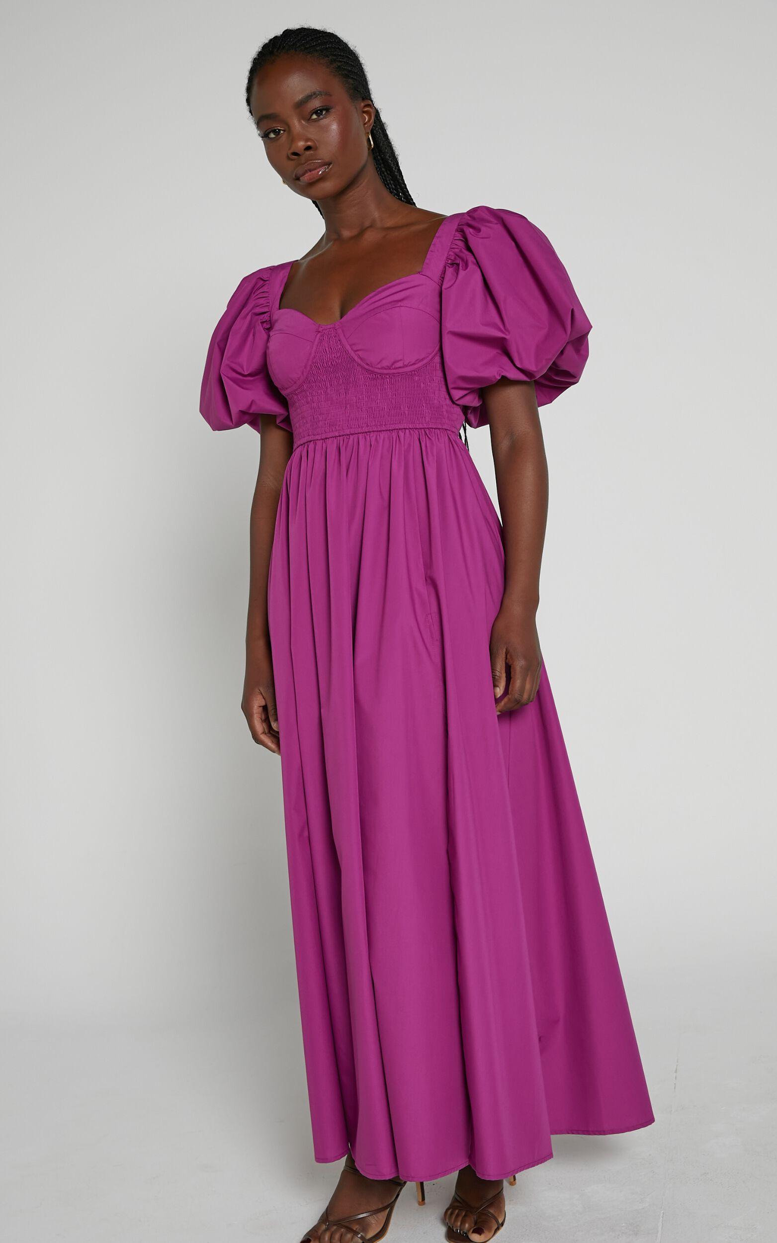 Raiza Midi Dress - Shirred Waist Puff Sleeve Dress in Orchid Product Image