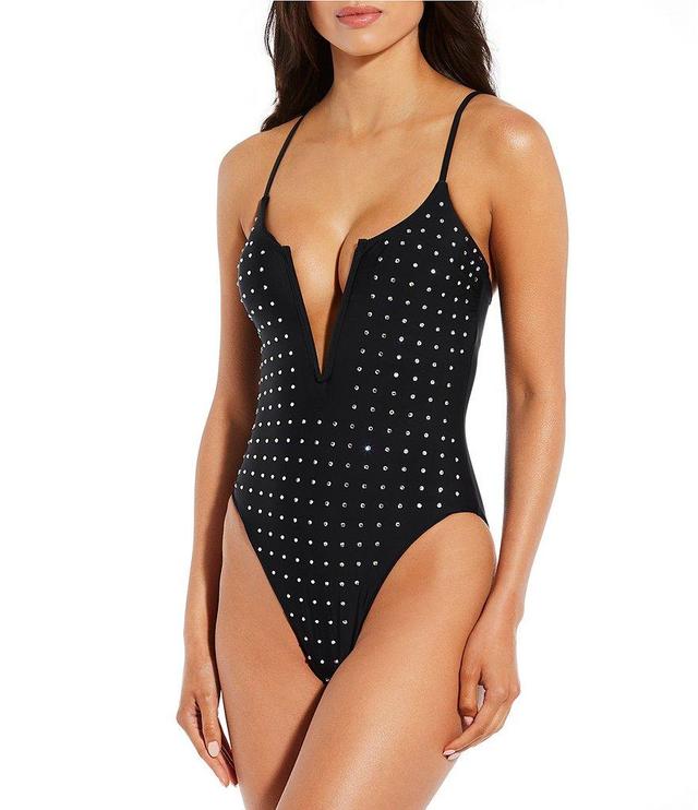 Gianni Bini Glitz Gem Embellished V-Wire Plunge One Piece Swimsuit Product Image