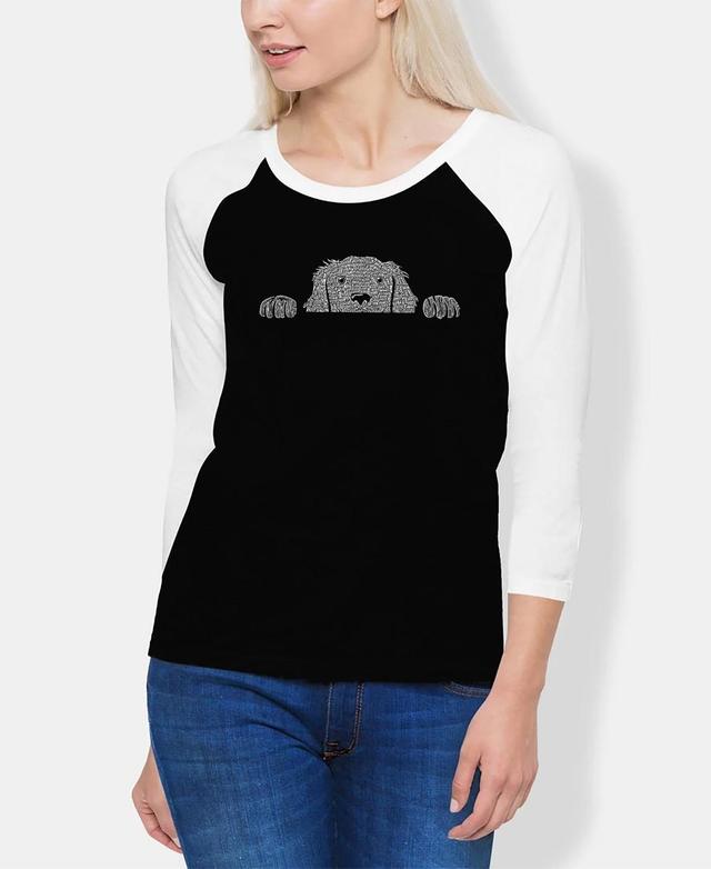 La Pop Art Womens Raglan Peeking Dog Word Art T-shirt - Black Product Image