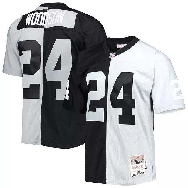 Mens Mitchell & Ness Charles Woodson Black/Silver Las Vegas Raiders 1998 Split Legacy Replica Jersey Product Image