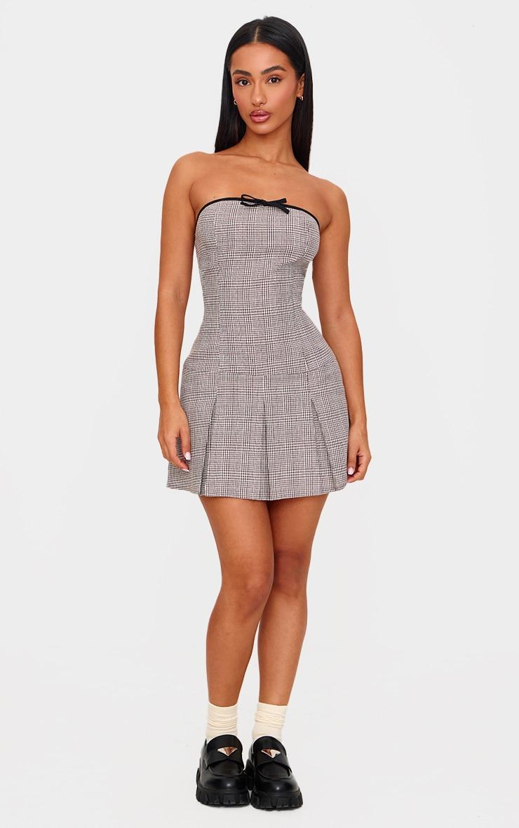 Petite Brown Check Pleated Bandeau Mini Dress Product Image