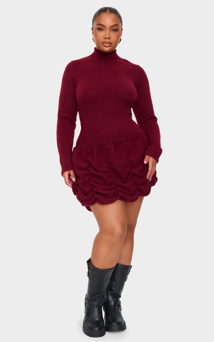 Plus Burgundy High Neck Knitted Puffball Mini Dress Product Image