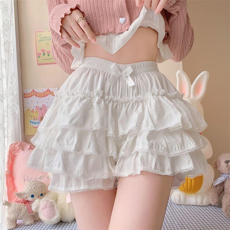 Elastic Waist Plain Bow Accent Lace Trim Tiered Ruffle Mini A-Line Skort Product Image