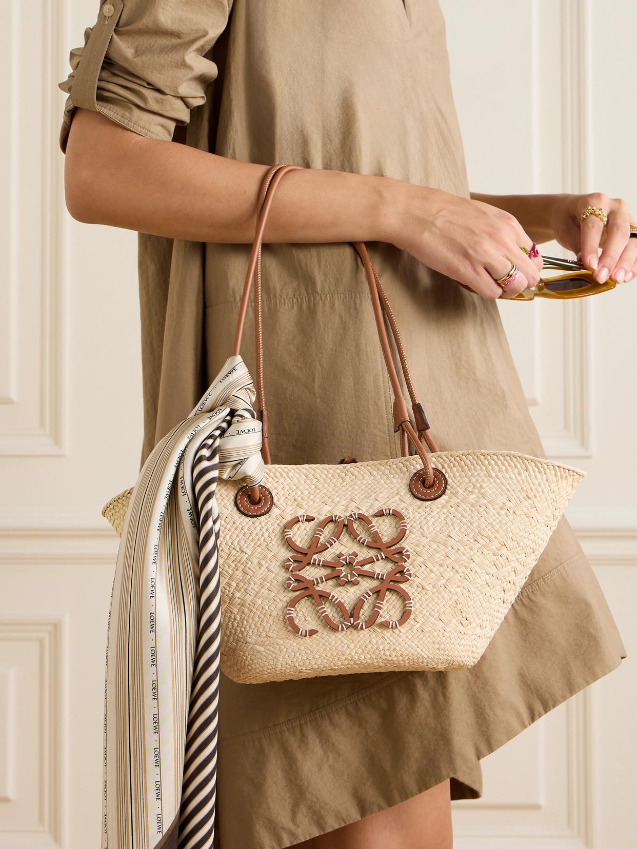 LOEWE + Paula's Ibiza Anagram Small Leather-trimmed Woven Raffia Tote In Brown Product Image