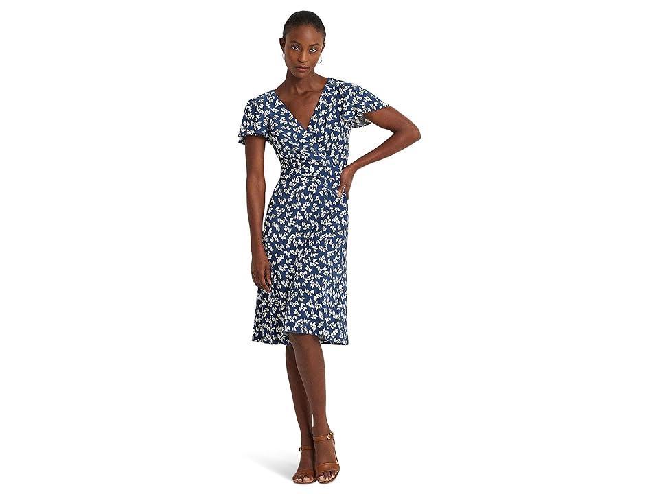 LAUREN Ralph Lauren Floral Stretch Jersey Surplice Dress Cream) Women's Dress Product Image