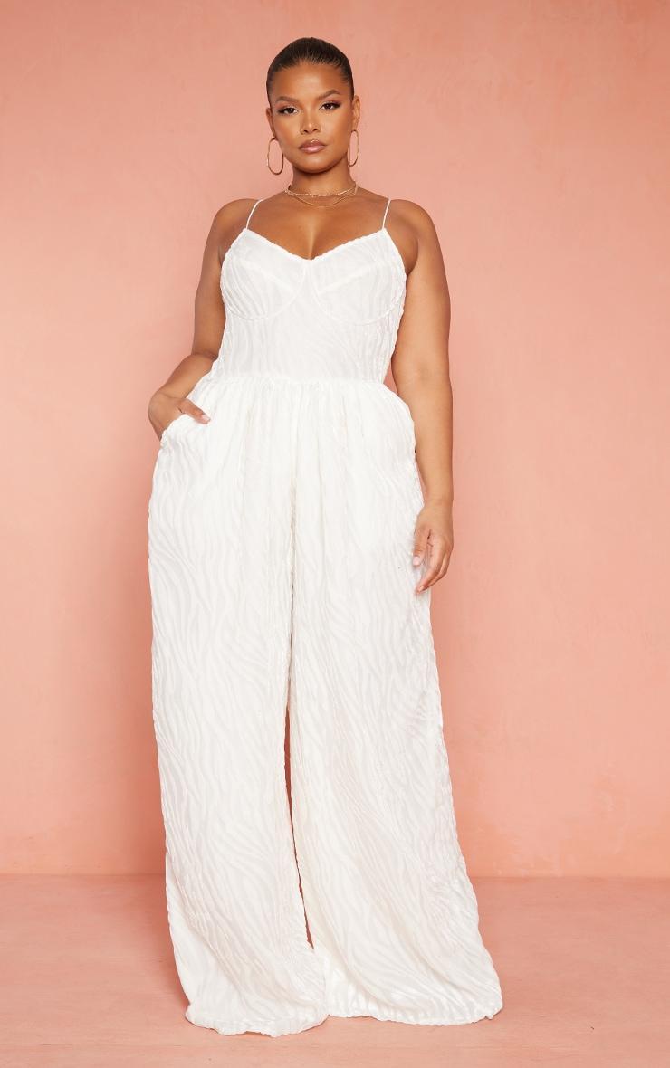 Plus White Devore Cup Detail Wide Leg Jumpsuit Product Image