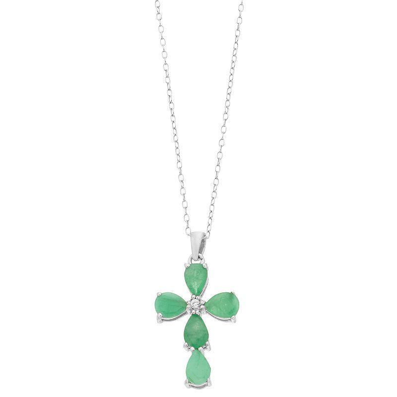 Sterling Silver Emerald & White Zircon Cross Pendant Necklace, Womens Product Image