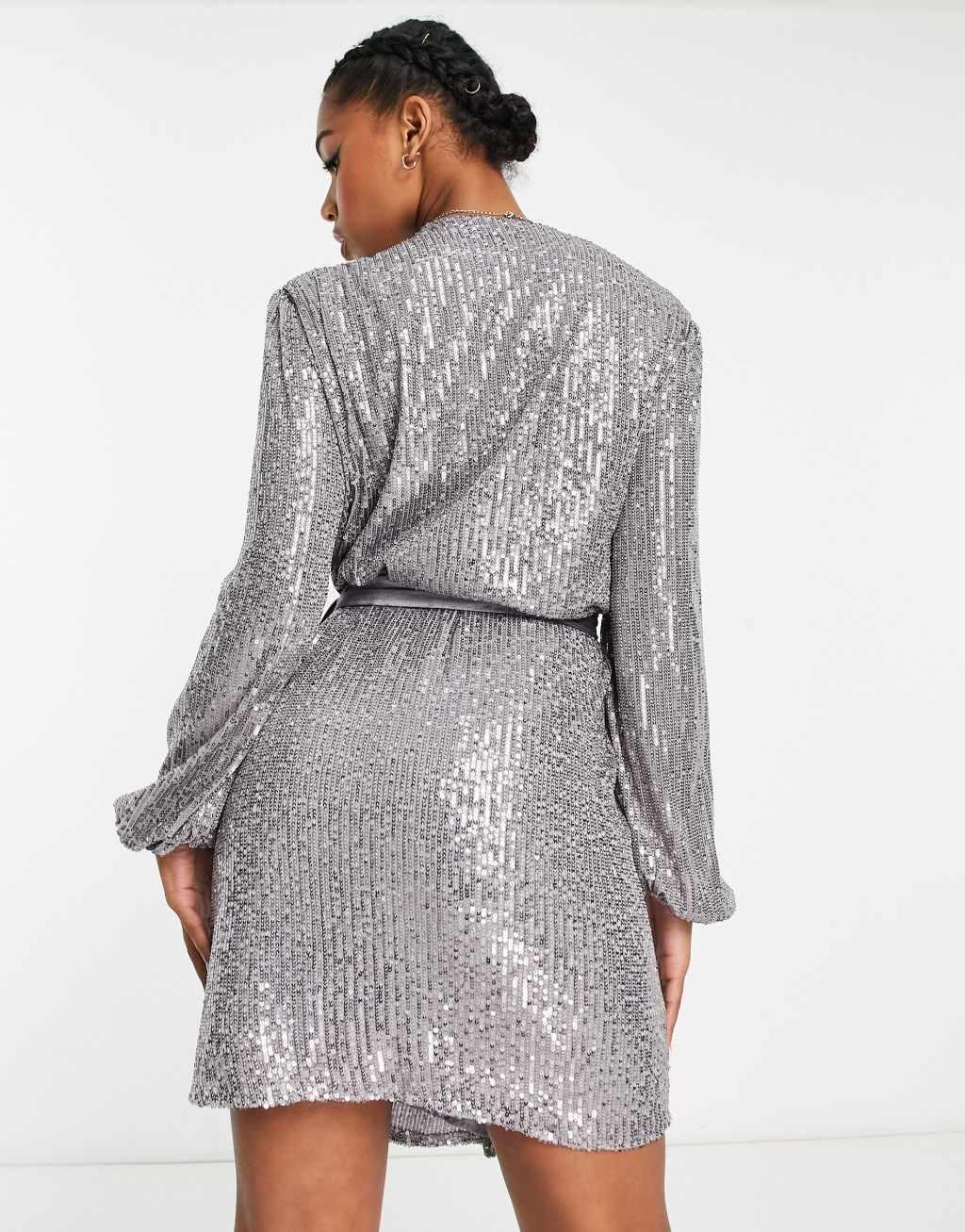 Style Cheat sequin wrap tie mini dress in silver Product Image