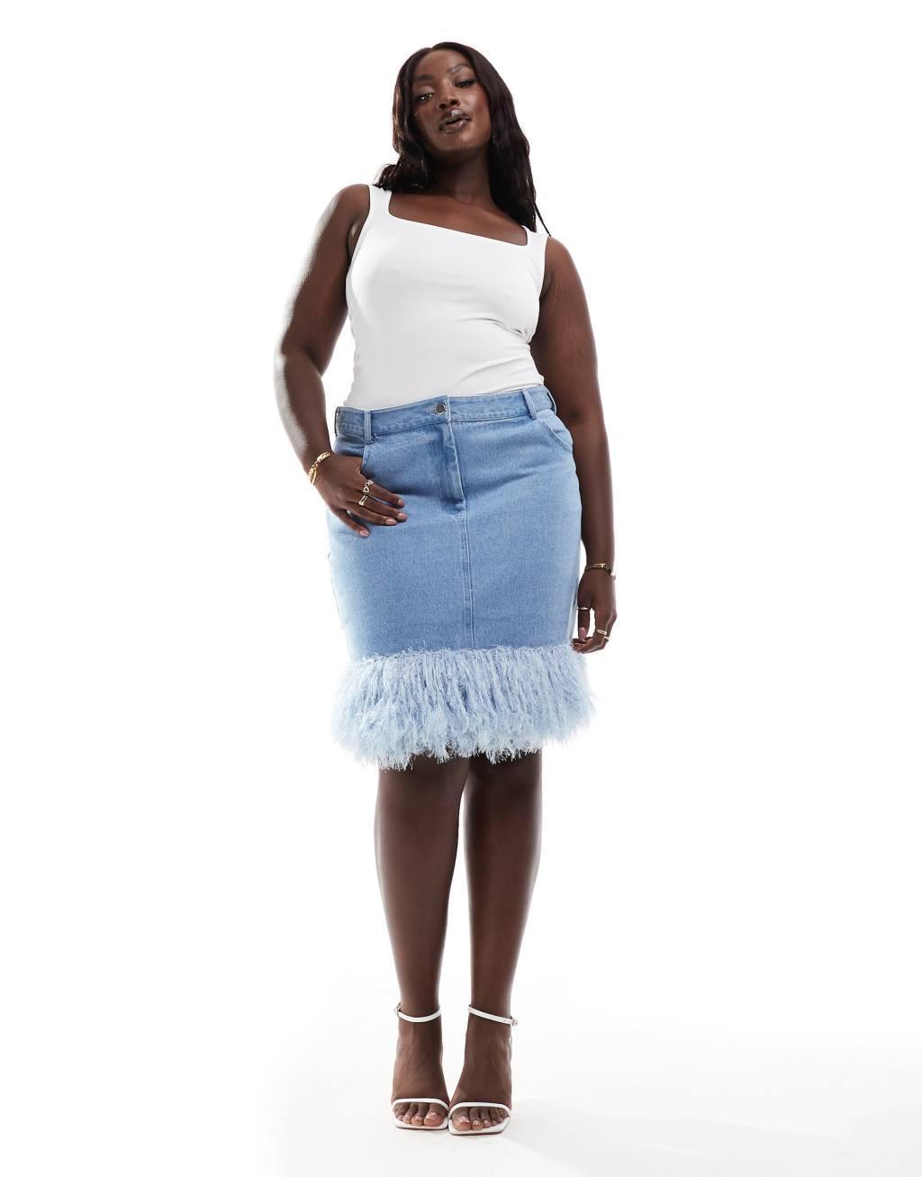 ASOS LUXE Curve denim mini skirt with faux feathers in mid wash blue Product Image